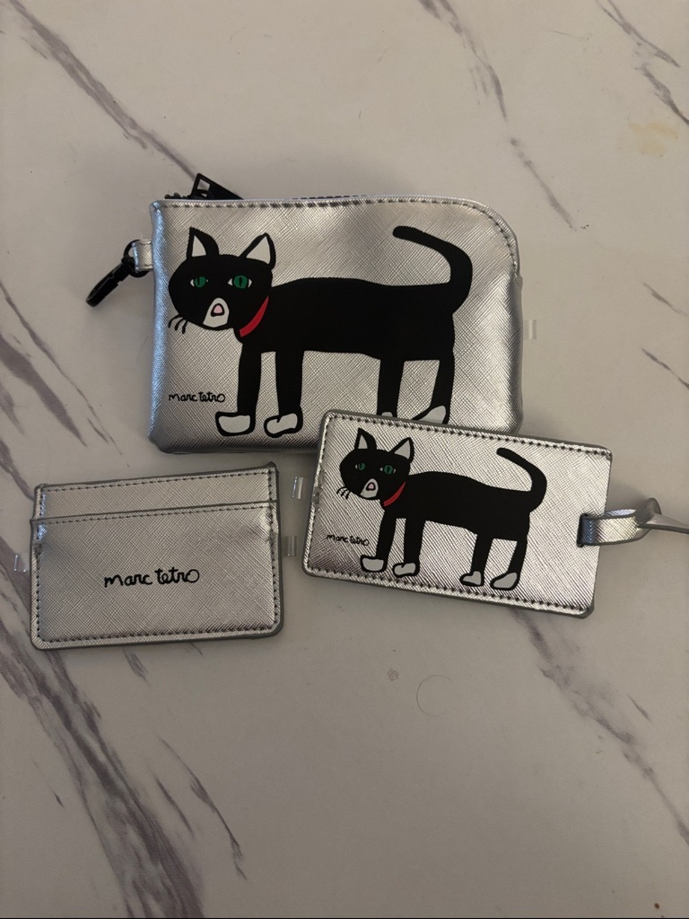 Marc Tetro Silver Cat Pouch + Card Holder and luggage tag Set